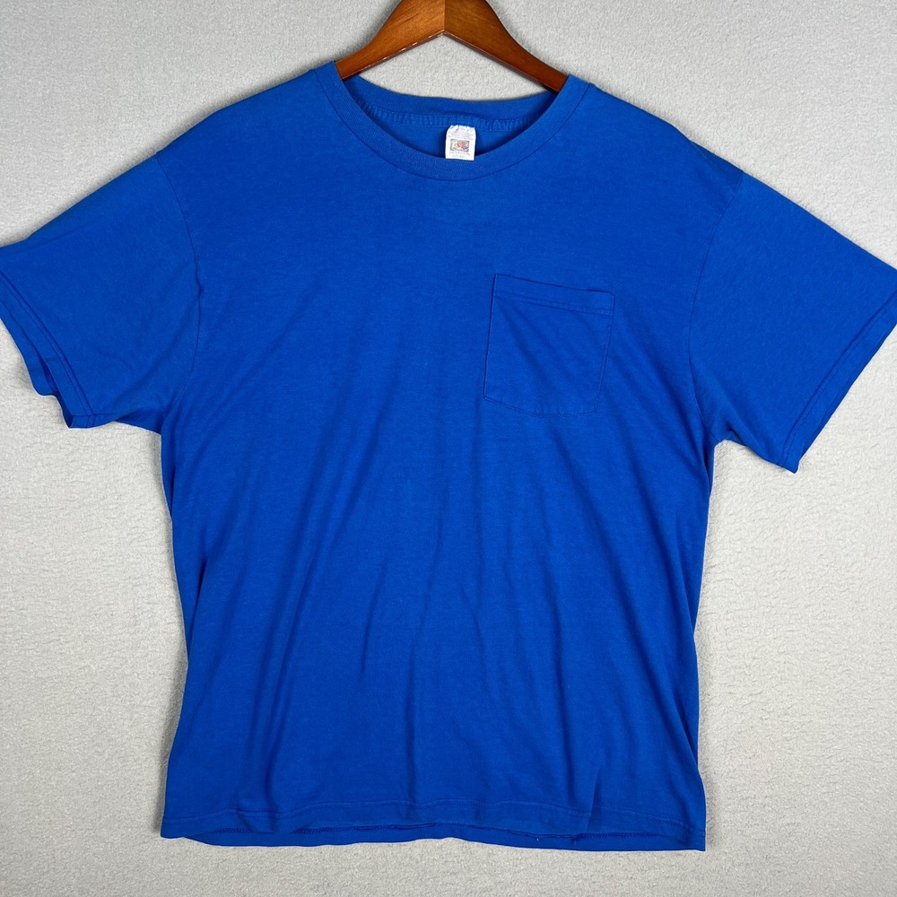 VTG Pocket T Shirt Fits Large Blue 90s 2000s Blank Fruit of the Loom Cotton Poly